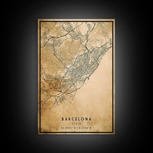 Load image into Gallery viewer, Barcelona Spain map print poster or framed canvas, Barcelona map print poster canvas, Spain city map print poster canvas, Vintage Travel Art
