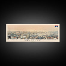 Cargar imagen en el visor de la galería, Belgrade Serbia Panoramic Travel Poster, Framed Canvas Print or Metal Wall Art, Travel Art, Home Decor, Panoramic Painting, Midcentury Art

