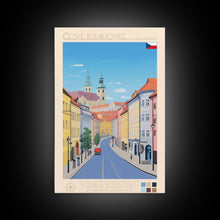 Cargar imagen en el visor de la galería, České Budějovice Czech Republic Travel Poster Framed Canvas Print, Midcentury Modern Art, Pop Art Decor, Living Room Wall Art
