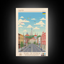 Load image into Gallery viewer, Sumy Ukraine Travel Poster Framed Canvas Print, Midcentury Modern Art, Pop Art Wall Decor, Living Room Art, Scenic Wall Art
