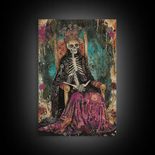 Cargar imagen en el visor de la galería, Skeleton King in Regal Throne Framed Canvas Print, Royalty Decor, Halloween Skeleton Art, Haunted Mansion Wall Art, Gothic Skeleton Print
