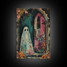 Load image into Gallery viewer, Ghostly Figure at Haunted Door Framed Canvas Print, Halloween Spirit Decor, Spooky Ghost Art, Haunted House Wall Art, Creepy Ghostly Print
