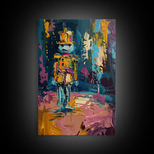 Load image into Gallery viewer, Colorful Skeleton Nutcracker Framed Canvas Print, Halloween Nutcracker Decor, Spooky Toy Art, Skeleton Wall Art, Haunted Nutcracker Print
