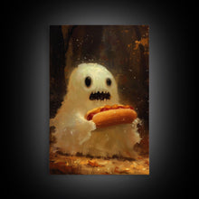 Cargar imagen en el visor de la galería, CHOMP! Cute Lil Ghost Eatin&#39; a Dog, The Hot Dog Ghost, Haunted Hot Dog Thief, Framed Canvas Print, Halloween Art
