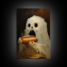 Load image into Gallery viewer, Ghostly Hot Dog Thief, Cute Lil Ghost Eatin&#39; a Dog, The Hot Dog Ghost, Haunted Hot Dog Thief, Framed Canvas Print, Halloween Art

