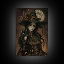 Carregar imagem no visualizador da galeria, The Witch and The Black Cat Framed Canvas Art, Spooky Victorian Witch Art, Spooky Season, Halloween Props, Halloween Accessories Art
