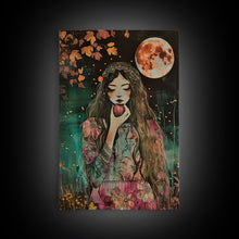 Load image into Gallery viewer, Ghostly Witch With Red Apple, Framed Canvas Print, Wall Art, Spooky Decor, Halloween Decoration, Living Room Art, Unique Gift
