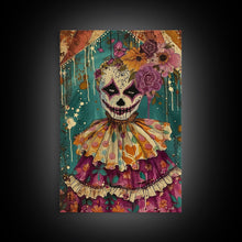 Load image into Gallery viewer, Day of the Dead Doll with Floral Crown Framed Canvas Print, Halloween Art, Creepy Wall Art, Spooky Home Decor, Scary Art, Unique Wall Decor
