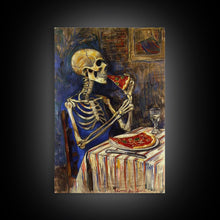 Load image into Gallery viewer, Funny Skeleton Eating A Pizza, Framed Canvas Print, Halloween Decor
