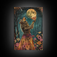 Load image into Gallery viewer, That&#39;s A Howlin&#39; Good Pizza, Werewolf Eatin a Pizza and Howlin at The Moon, Framed Canvas Print, Funny Halloween Art
