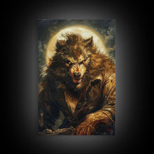 Carregar imagem no visualizador da galeria, Ferocious Werewolf Under Full Moon Framed Canvas Print | Halloween Monster Art | Spooky Werewolf Decor for Home | Intense Werewolf Artwork
