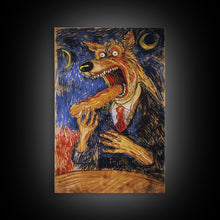 Carregar imagem no visualizador da galeria, Business Werewolf Eating a Hot Dog, Framed Canvas print, Funny Halloween Art, Spooky Season, The Scream Inspired Funny Art

