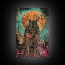 Load image into Gallery viewer, Fierce Werewolf with Blood Moon Framed Canvas Print | Halloween Monster Art | Spooky Werewolf Decor for Home | Intense Full Moon Artwork
