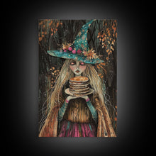 Load image into Gallery viewer, The Witch and Her Pancakes, Breakfast Witch, Framed Canvas Print, Funny Halloween Art

