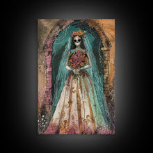 Load image into Gallery viewer, Skeleton Bride in Floral Arch Framed Canvas Print | Halloween Bride Art | Spooky Bride Decor for Home | Gothic Wedding Artwork
