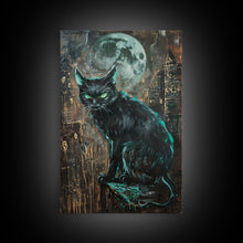 Carregar imagem no visualizador da galeria, Black Cat with Piercing Green Eyes, Framed Canvas Print, Spooky Cat Art, Witchy Feline Decor, Halloween Wall Art, Gothic Cat Decor
