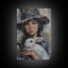 Load image into Gallery viewer, Enchanting Witch with White Rabbit in Serene Autumn Setting - Mystical Forest Art Framed Canvas Print, Halloween Home Decor
