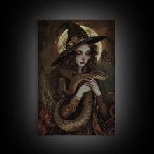 Load image into Gallery viewer, Witch Holding Snake under Full Moon - Dark Forest Sorcery Gothic Art Framed Canvas Print, Halloween Witchy Decor
