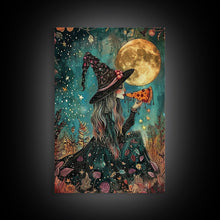 Load image into Gallery viewer, Spring Witch and Her Slice Of Pizza, Framed Canvas Print, Cute / Funny Halloween Art
