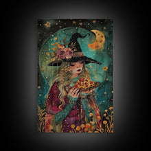 Load image into Gallery viewer, Summer Witch and Her Slice Of Pizza, Framed Canvas Print, Cute / Funny Halloween Art

