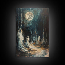 Carregar imagem no visualizador da galeria, Ghostly Figures in Forest, Halloween Art Print, Spooky Home Decor, Framed Canvas Print, Creepy Art, Halloween Wall Decor, Seasonal Wall Art
