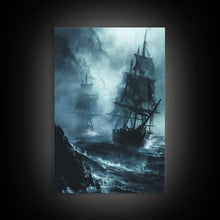 Carregar imagem no visualizador da galeria, Ghost Ship in Storm Halloween Art, Spooky Maritime, Haunted Ocean, Creepy Seascape, Stormy Night, Framed Canvas Print
