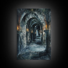 Load image into Gallery viewer, Dark Gothic Hallway Halloween Art, Spooky Hallway, Haunted Passage, Creepy Architecture, Gothic Decor, Framed Canvas Print
