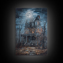 Carregar imagem no visualizador da galeria, Abandoned House Under Moon Full Halloween Art, Spooky Mansion, Haunted Home, Creepy Decor, Gothic Artwork, Framed Canvas Print
