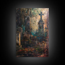 Load image into Gallery viewer, Gloomy Cemetery Halloween Art, Spooky Graveyard, Haunted Cemetery, Creepy Gravestones, Dark Artwork, Framed Canvas Print
