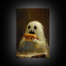 Load image into Gallery viewer, Cute Ghost Chompin on A Hot Dog, Ghostly Hot Dog Thief, Framed Canvas Print, Funny Halloween Spooky Season Art
