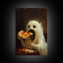 Load image into Gallery viewer, Cute Ghost Chompin on A Pizza, Ghostly Pizza Pirate, Framed Canvas Print, Funny Halloween Spooky Season Art
