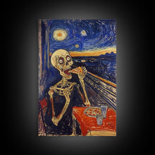 Load image into Gallery viewer, Spooky Skeleton Dude Eatin&#39; a Pizza, Starry Night Inspired Funny Halloween Art, Framed Canvas Print
