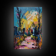 Cargar imagen en el visor de la galería, Colorful Haunted Cemetary, Springtime Halloween Mashup, Spooky Season Vibes, Framed Canvas Print, Haunted Graveyard
