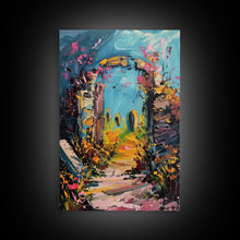 Load image into Gallery viewer, Ruined Archway Framed Canvas Print, Halloween Art, Haunted Garden, Spooky Ruins, Eerie Pathway, Fall Decor, Gothic Wall Art, Haunted Decor
