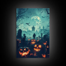 Cargar imagen en el visor de la galería, Bats and Jack-O-Lanterns Framed Canvas Print, Halloween Wall Art, Haunted Graveyard, Home Decor, Spooky Art, Living Room Decor, Gothic Art

