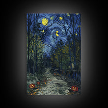 Load image into Gallery viewer, Dark Forest Path with Pumpkins Framed Canvas Print, Halloween Wall Art, Starry Night Inspired, Home Decor, Spooky Art, Living Room Decor
