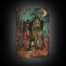 Load image into Gallery viewer, Enchanted Gothic House Framed Canvas Print, Halloween Wall Art, Spooky Art, Home Decor, Living Room Decor, Gothic Artwork, Haunted House
