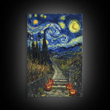 Load image into Gallery viewer, Spooky Starry Night Inspired Haunted Grave Yard Framed Canvas Print, Spooky Season Halloween Art
