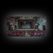 Load image into Gallery viewer, Creepy Abandoned Theater, Framed Canvas Print, Macabre Theatre, Dark Academia, Halloween Decor, Spooky Seasonal Wall Art
