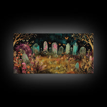 Load image into Gallery viewer, Colorful Haunted Grave Yard In The Spring Time, Framed Canvas Print, Spooky Wall Art, Halloween Spooky Season Decor
