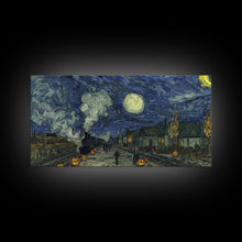 Load image into Gallery viewer, Starry Night Inspired Haunted Steam Train, Framed Canvas Print, Spooky Halloween Wall Art

