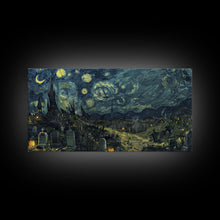 Load image into Gallery viewer, Starry Night Inspired Haunted Cemetery Framed Canvas Print, Halloween Wall Decor, Art Prints, Creepy Art
