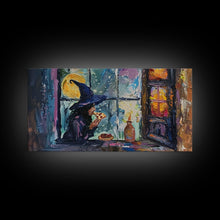 Load image into Gallery viewer, Witch Eatin&#39; a Slice of Pizza, Framed Canvas Print, Witchy Decor, Impasto Style Halloween Wall Art
