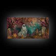 Load image into Gallery viewer, Cute Ghost In The Cemetery, Framed Canvas Print, Halloween Wall Decor, Halloween Trinkets

