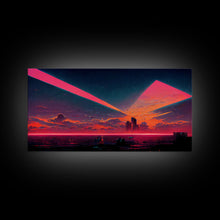 Load image into Gallery viewer, Cyberpunk lake art, city canvas, video game concept art, living room wall art, dystopian art, outrun city at sunset, man cave canvas print

