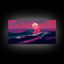 Load image into Gallery viewer, Synth wave sunset, ocean painting canvas print, outrun style, sun set art, wall decor, Made in Texas, ocean sunset, beach vaporwave
