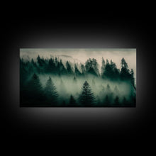 Load image into Gallery viewer, Framed Canvas Print, Pine Tree Forest, Misty Forest Landscape, Fog Covered Mountain, Nature Landscape Decor
