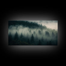 Carregar imagem no visualizador da galeria, Foggy pine forest, Canadian forest art, framed canvas print, farmhouse decor, misty forst landscape
