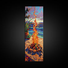 Load image into Gallery viewer, Abstract Canvas Painting of Campfire on Beach, Beachy Wall Art, Tall and Narrow Vertical Wall Art, Canvas Painting Printed and Framed
