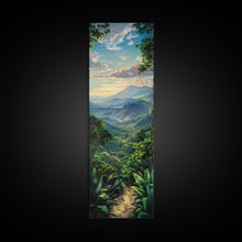 Load image into Gallery viewer, Jungle Landscape Canvas Painting, Tropical Wall Art Print, Mountain Art Printed on Framed Canvas, Oversized Narrow Landscape Art
